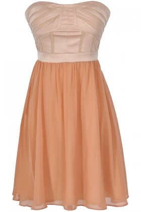 Different Angles Strapless Chiffon Designer Dress in Beige/Peach